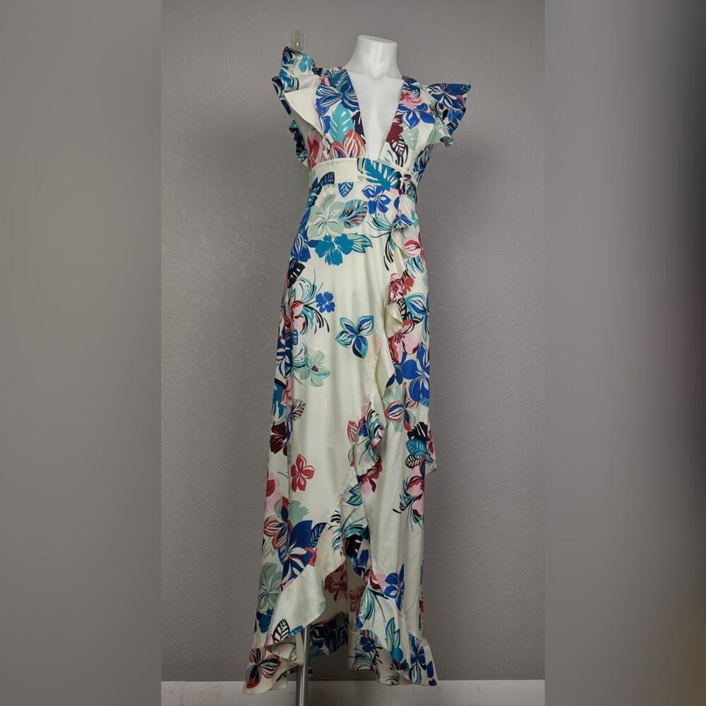 Alexis Tropical Floral Print Ruffle V-neck Wrap Maxi Dress Calipso White Size XS